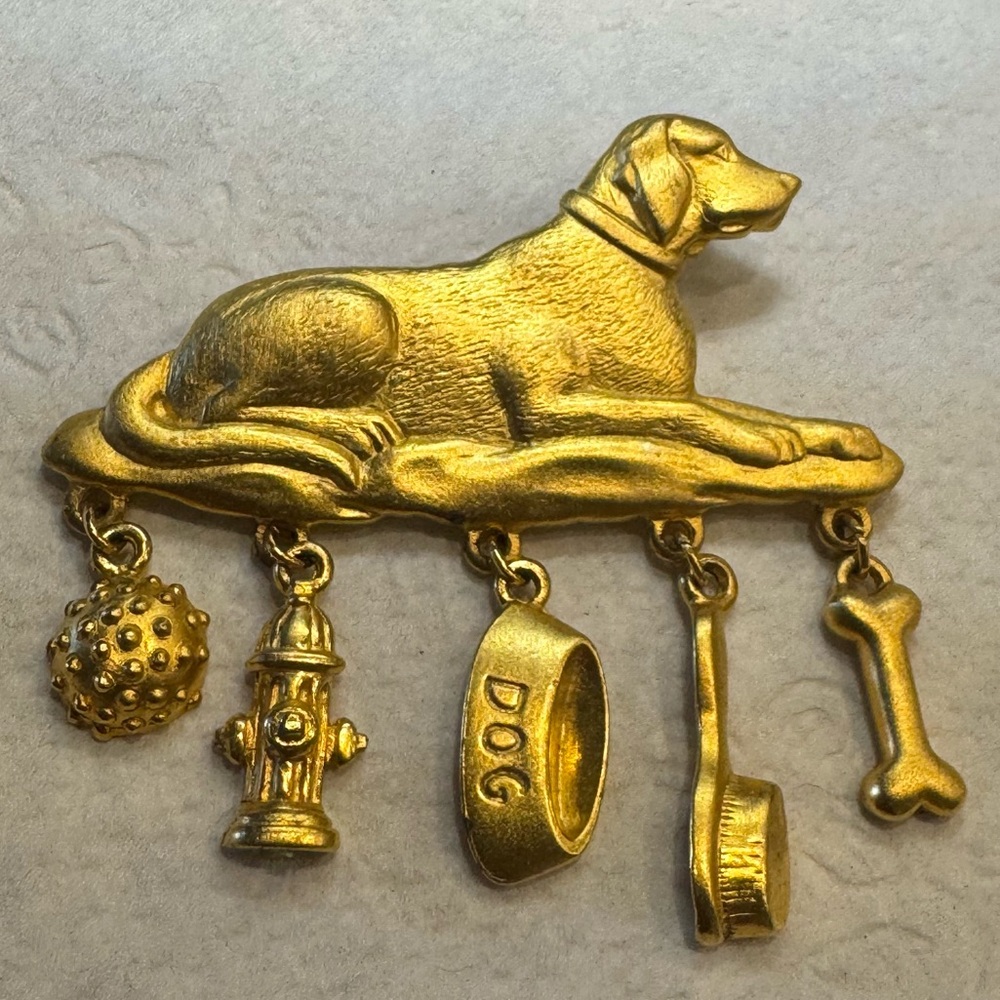 Gold Dog Brooch with Charms